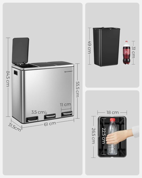 SONGMICS Cos de gunoi din inox cu 3 compartimente colectare selectiva, cu galeti interioare, 3x18litri, argintiu si negru - Image 7