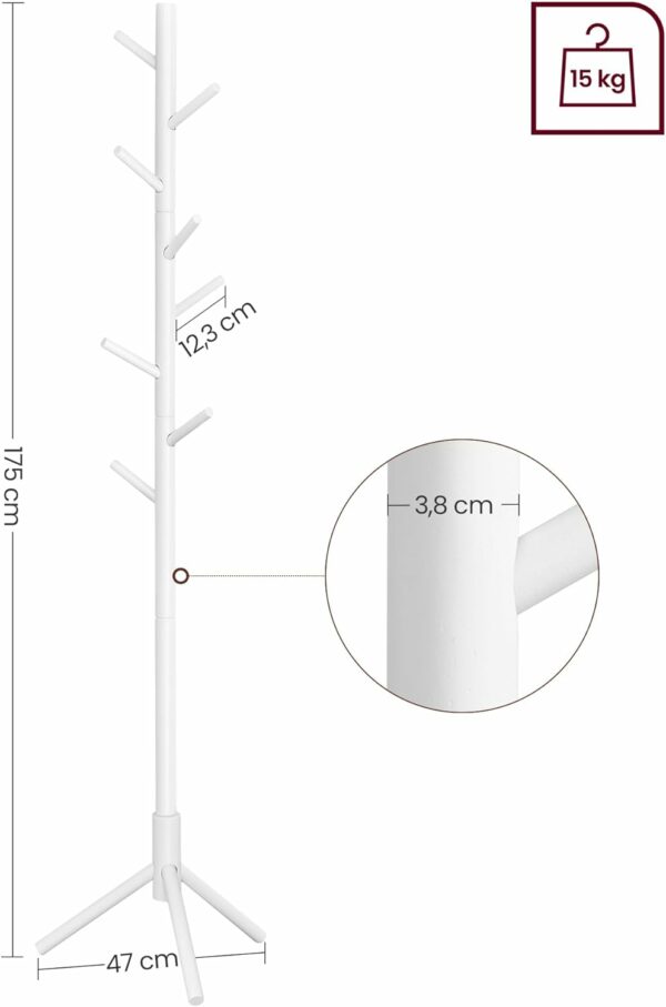 VASAGLE Cuier pentru haine, din lemn masiv, tip pom, cu 8 carlige, 175cm, alb - Image 7