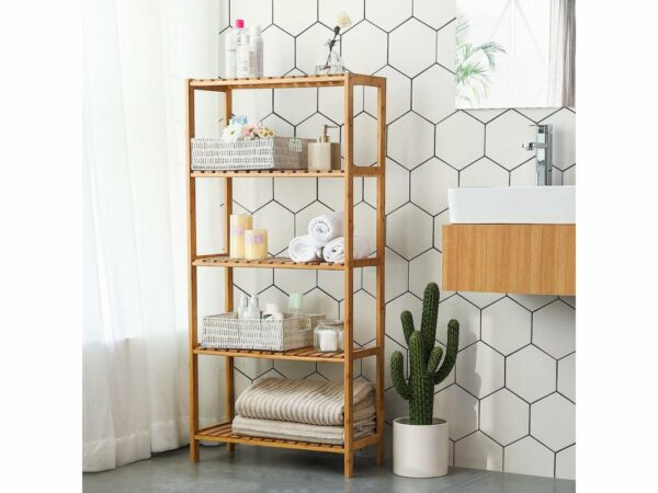 SONGMICS Raft de depozitare din bambus, 5 polite, pentru bucatarie sau baie, 130x60x26cm, maro natural - Image 7