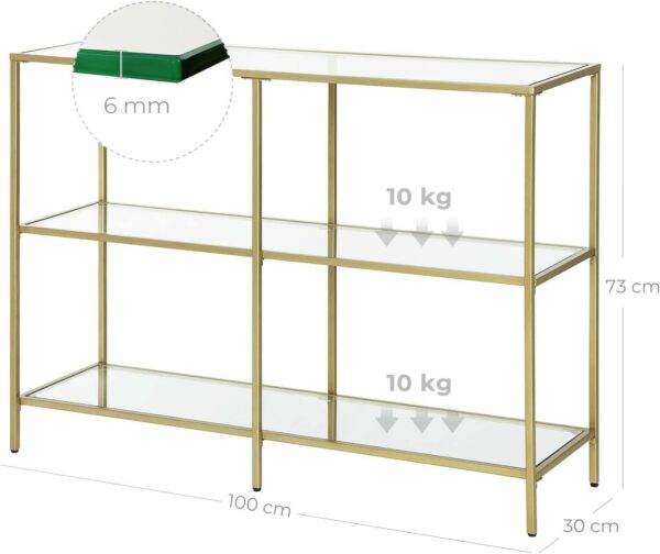 VASAGLE Előszoba asztal, 3 szintes, biztonsági üveglap, fém keret, 30x100x73cm, arany - Image 7
