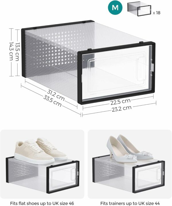 SONGMICS Cipős dobozok, 18 egymásra rakható rendszerező készlet, strapabíró ABS szerkezet, 34x23x14cm, átlátszó és fekete - Image 7