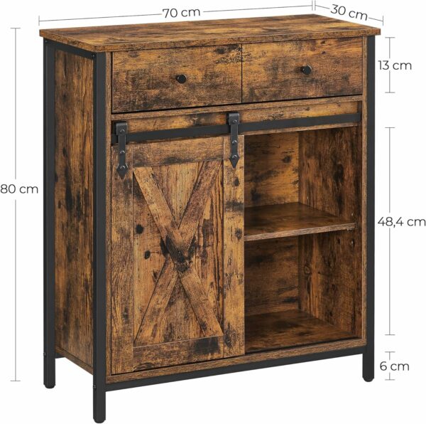 VASAGLE Komód nappaliba vagy konyhába, 2 fiókkal és tolóajtóval, állítható polcokkal, rusztikus stílus, 30x70x80cm, barna és fekete - Image 7