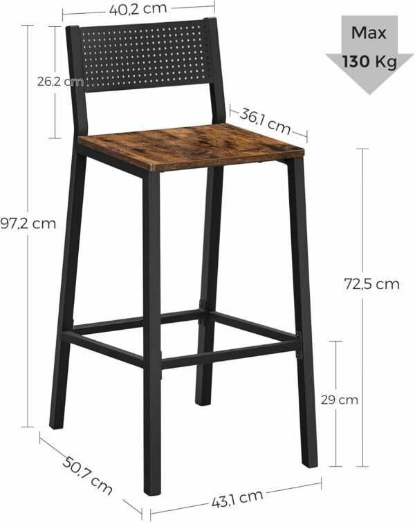 VASAGLE Set 2 scaune de bar, inalte cu spatar, cadru metalic, sezut MDF, industrial, 51x43x97cm, maro rustic si negru - Image 7