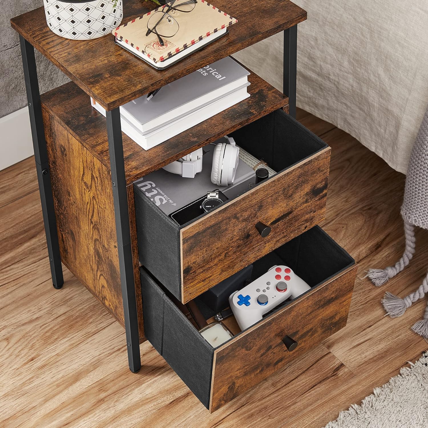 VASAGLE éjjeliszekrény 2 fiókos hálószobába, ipari kivitel, 28x38x60cm, barna és fekete - Image 7