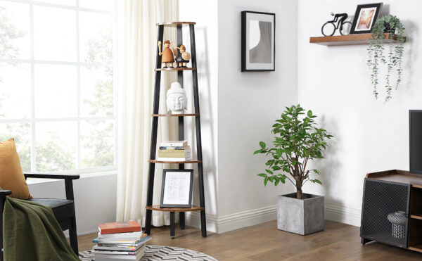 VASAGLE Raft de colt cu 5 etaje, tip biblioteca, cadru metal si polite lemn, 33x34x159cm, industrial, maro rustic si negru - Image 7