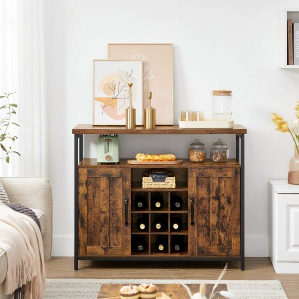 VASAGLE Comoda tip bufet, cu 2 usi si suport pentru sticle vin, stil industrial, 100x35x81cm, maro rustic si negru - Image 7