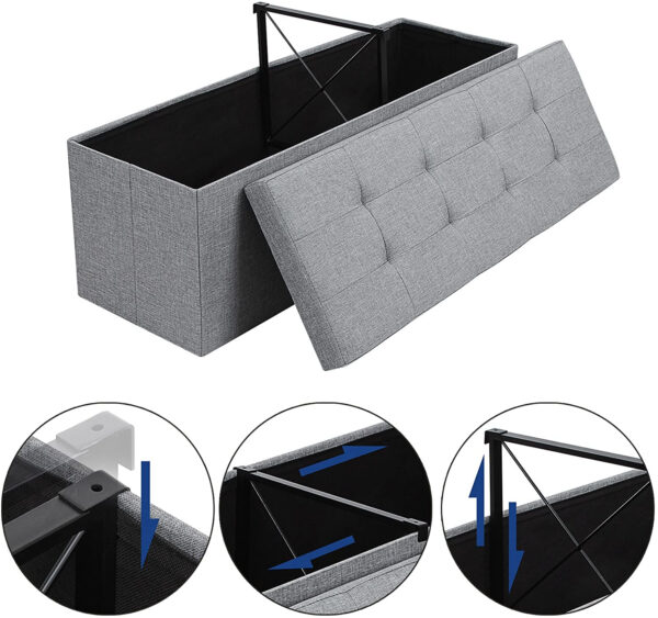 SONGMICS Összecsukható zsámoly puha ülőfelülettel, tárolóhely 131 liter, maximum 300kg, 110x38x38cm, szürke - Image 7