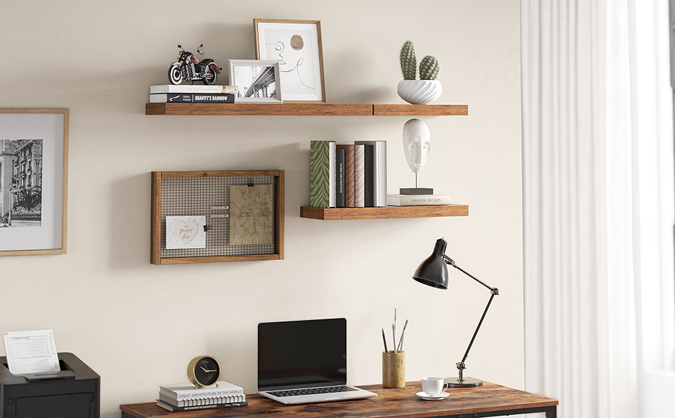 VASAGLE Lebegő fali polc, MDF, rögzítőrendszerrel együtt, 80x20x4cm, vintage barna - Image 7