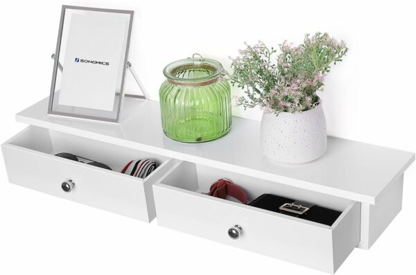 SONGMICS Lebegő falipolc 2 fiókkal, MDF, teherbírás 15kg, 15x65x10cm, fehér - Image 5