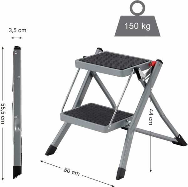 SONGMICS Összecsukható létra 2 lépcsővel, csúszásmentes gumi, fogantyúval, teherbírás 150 kg, acél, 50x60x44cm, szürke és fekete - Image 7