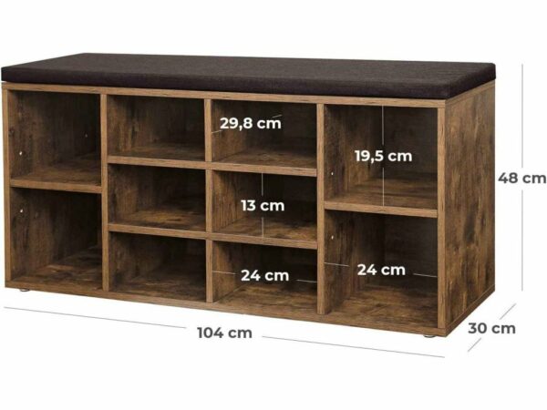 VASAGLE Előszoba pad cipőtartóval, 10 rekeszes, párnával, 104x48x30cm, rusztikus barna - Image 6