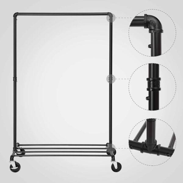 SONGMICS Suport pentru haine, cu raft si sina de agatat, cadru metalic, cu roti, 100x49x163cm, industrial, negru - Image 7
