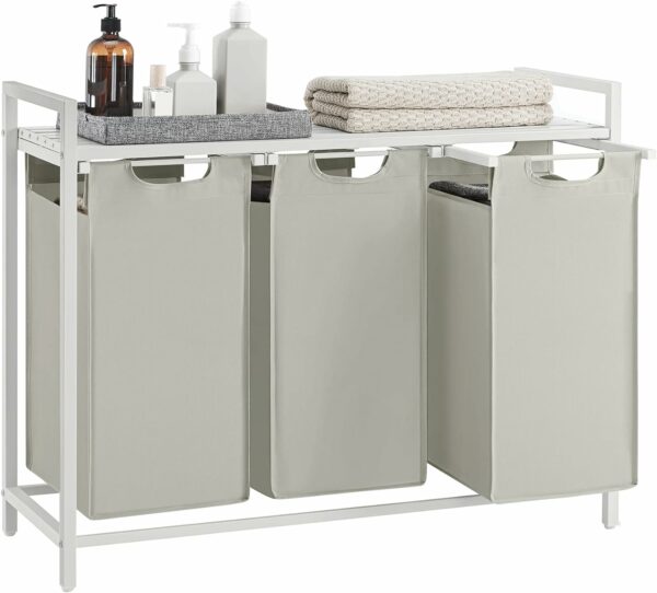 VASAGLE szennyeskosár, 3 rekeszes, kivehető szennyeszacskók, fém keret, 3x38L, 93x33x72 cm, fehér - Image 8