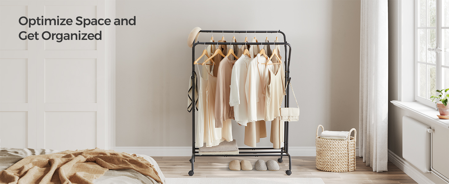 SONGMICS Ruhatartó állvány kerekeken, polccal, dupla rúddal, fém vázzal, teherbírás 100 kg, 53x104x155 cm, fekete - Image 8