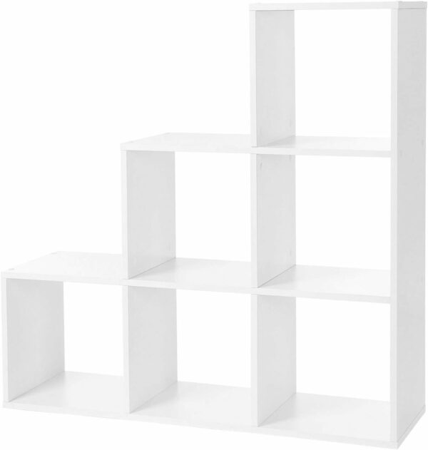 VASAGLE Könyvespolc, 6 polcos, dekorációs tárolóval, fa, 29x98x98cm, fehér - Image 8