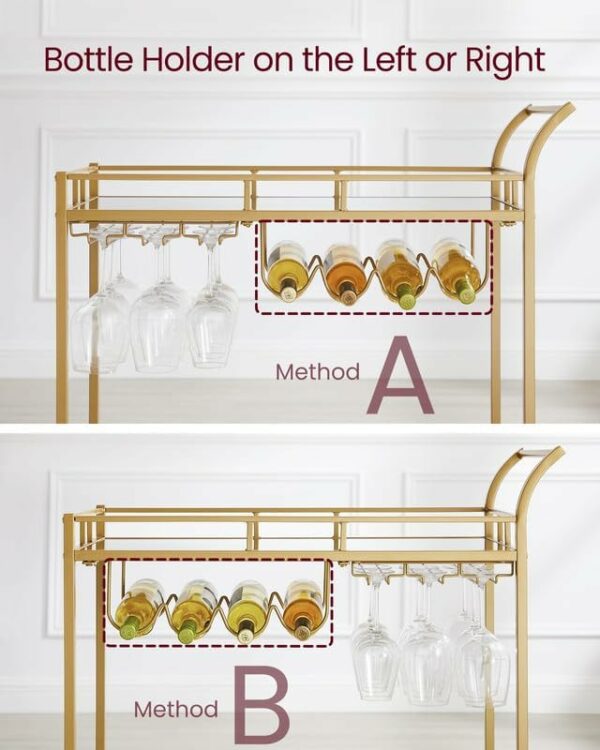 VASAGLE Carucior de servire pentru vin, suport sticle si pahare, cu 2 rafturi din sticla, 38x86x90cm, auriu - Image 9