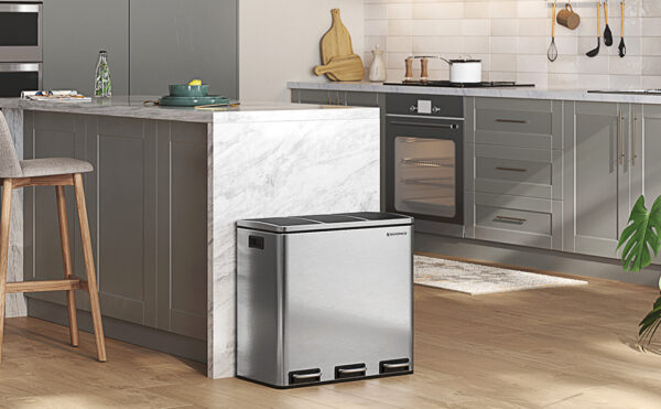 SONGMICS Cos de gunoi din inox cu 3 compartimente colectare selectiva, cu galeti interioare, 3x18litri, argintiu si negru - Image 8