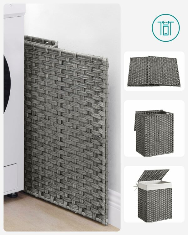 SONGMICS Cos de rufe din ratan sintetic cu capac, sac detasabil, volum 90L, 46x33x60cm, gri - Image 7