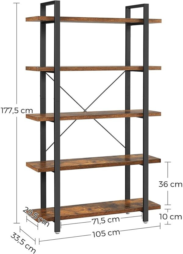VASAGLE könyvespolc 5 polccal, acél kerettel és faforgácslap polcokkal, 105x34x178cm, rusztikus barna és fekete - Image 3