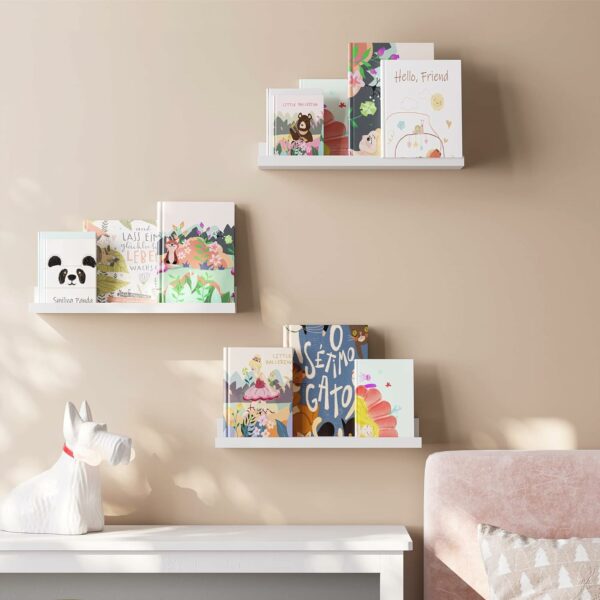 SONGMICS Set 3 rafturi de perete plutitoare din MDF, suport pentru rame foto, 38x10cm, alb - Image 8