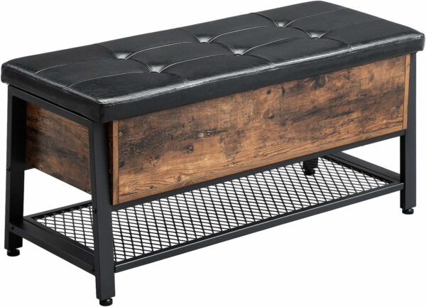 VASAGLE Fa cipős szekrény pad típusú tárolóhellyel, párnázott ülőfelülettel és tárolópolccal, ipari stílusú, 100x40x47cm, rusztikus barna és fekete - Image 8