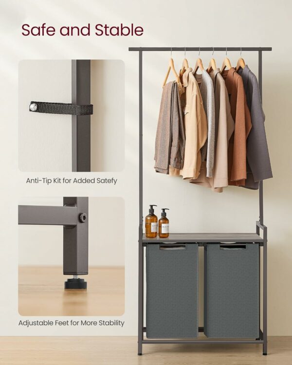 (DL) VASAGLE Cos de rufe, 2 compartimente, saci de rufe detasabili, 1 raft, tija umerase, 2x46L, 73x33x175cm, gri - Image 8