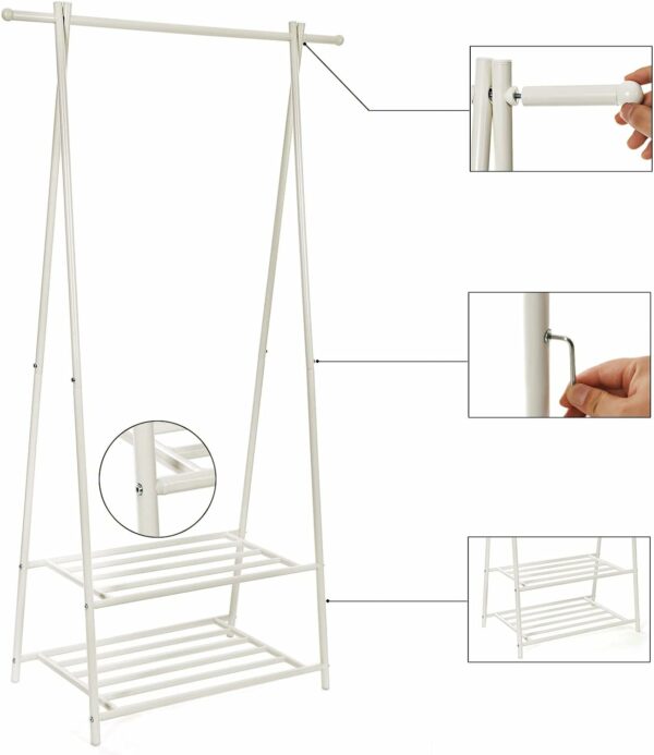 SONGMICS Suport pentru haine, cu raft depozitare pe 2 niveluri, cadru metalic, 88x41x155cm, alb - Image 7