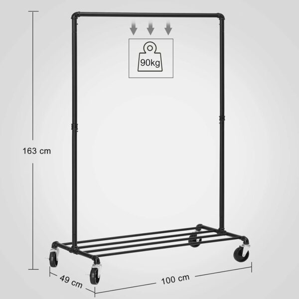 SONGMICS Suport pentru haine, cu raft si sina de agatat, cadru metalic, cu roti, 100x49x163cm, industrial, negru - Image 8