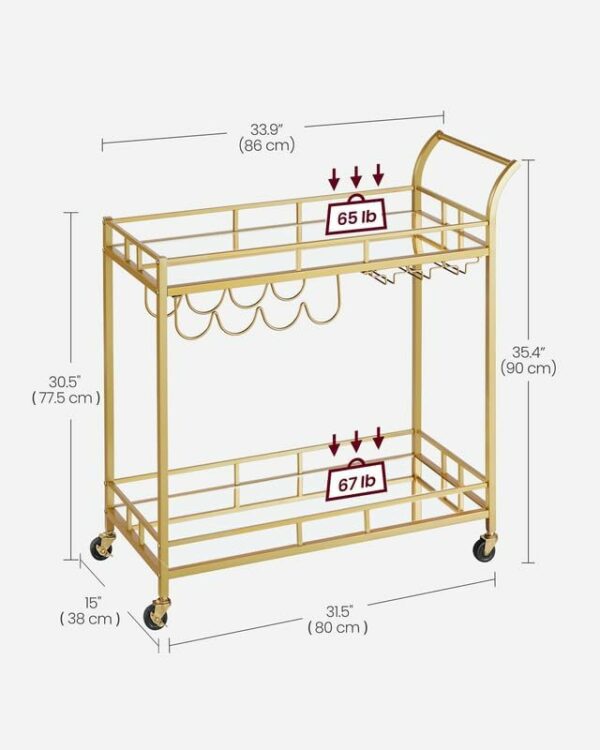 VASAGLE Carucior de servire pentru vin, suport sticle si pahare, cu 2 rafturi din sticla, 38x86x90cm, auriu - Image 10
