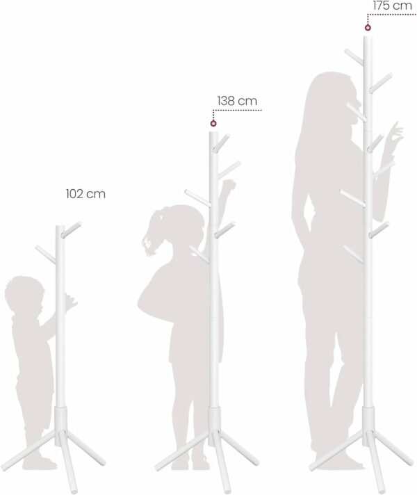 VASAGLE Cuier pentru haine, din lemn masiv, tip pom, cu 8 carlige, 175cm, alb - Image 9