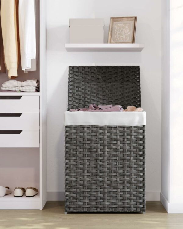 SONGMICS Cos de rufe din ratan sintetic cu capac, sac detasabil, volum 90L, 46x33x60cm, gri - Image 8