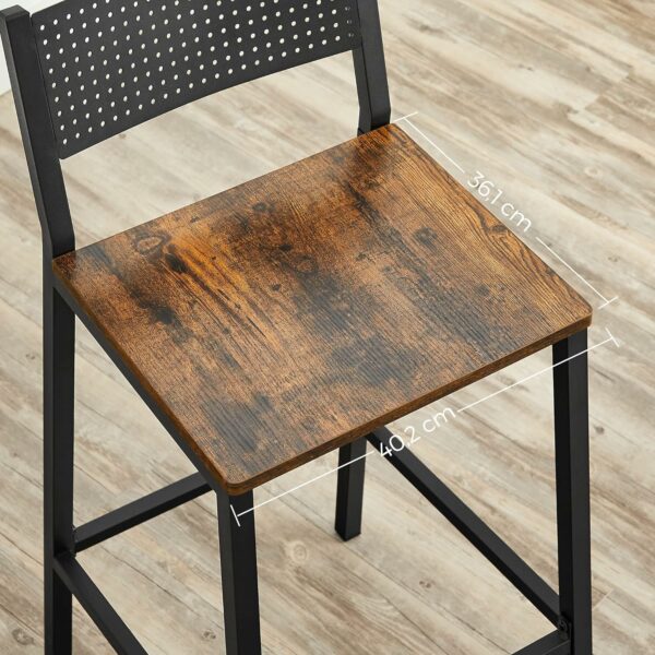 VASAGLE Set 2 scaune de bar, inalte cu spatar, cadru metalic, sezut MDF, industrial, 51x43x97cm, maro rustic si negru - Image 9
