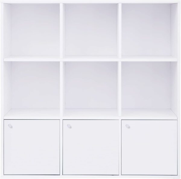 VASAGLE Fa könyvespolc, 9 kockával, 3 alsó szekrénnyel, 98x98x29cm, fehér - Image 9