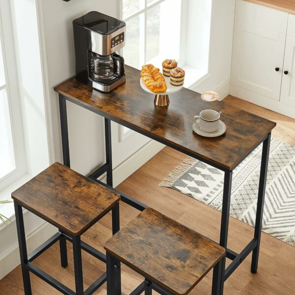 VASAGLE Set masa de bar cu 2 scaune, cadru din otel, blat lemn, design industrial, 100x40x90cm, maro rustic si negru - Image 9