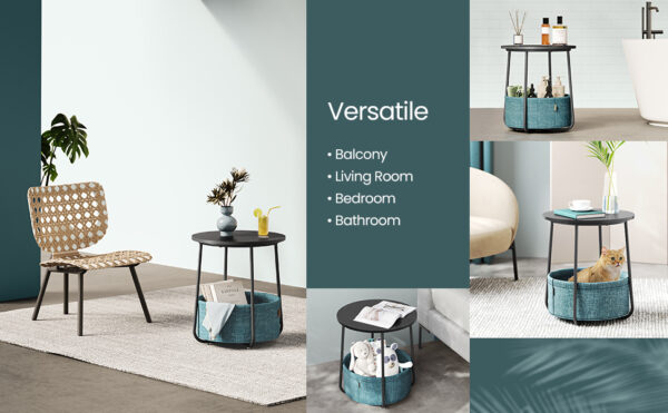VASAGLE Masuta de cafea rotunda cu cos de stofa, stil modern, 45x50cm, negru cu turcoaz inchis - Image 8