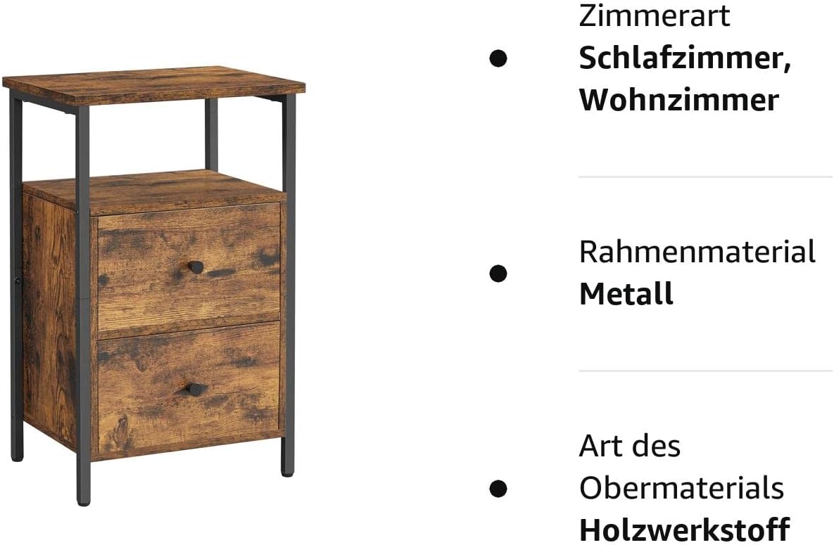 VASAGLE éjjeliszekrény 2 fiókos hálószobába, ipari kivitel, 28x38x60cm, barna és fekete - Image 9