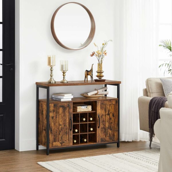 VASAGLE Comoda tip bufet, cu 2 usi si suport pentru sticle vin, stil industrial, 100x35x81cm, maro rustic si negru - Image 8