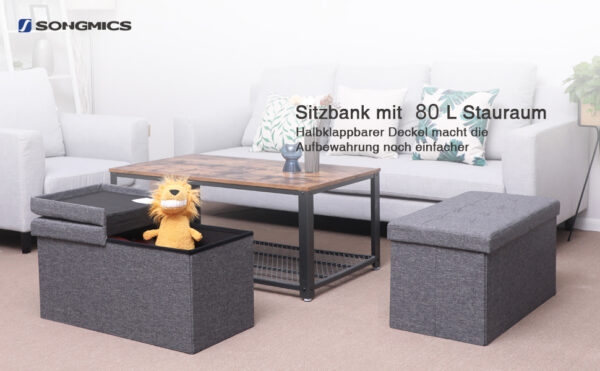 SONGMICS Taburet pliabil cu sezut moale, spatiu de depozitare 80litri, maxim 300kg, 76x38x38cm, gri - Image 9