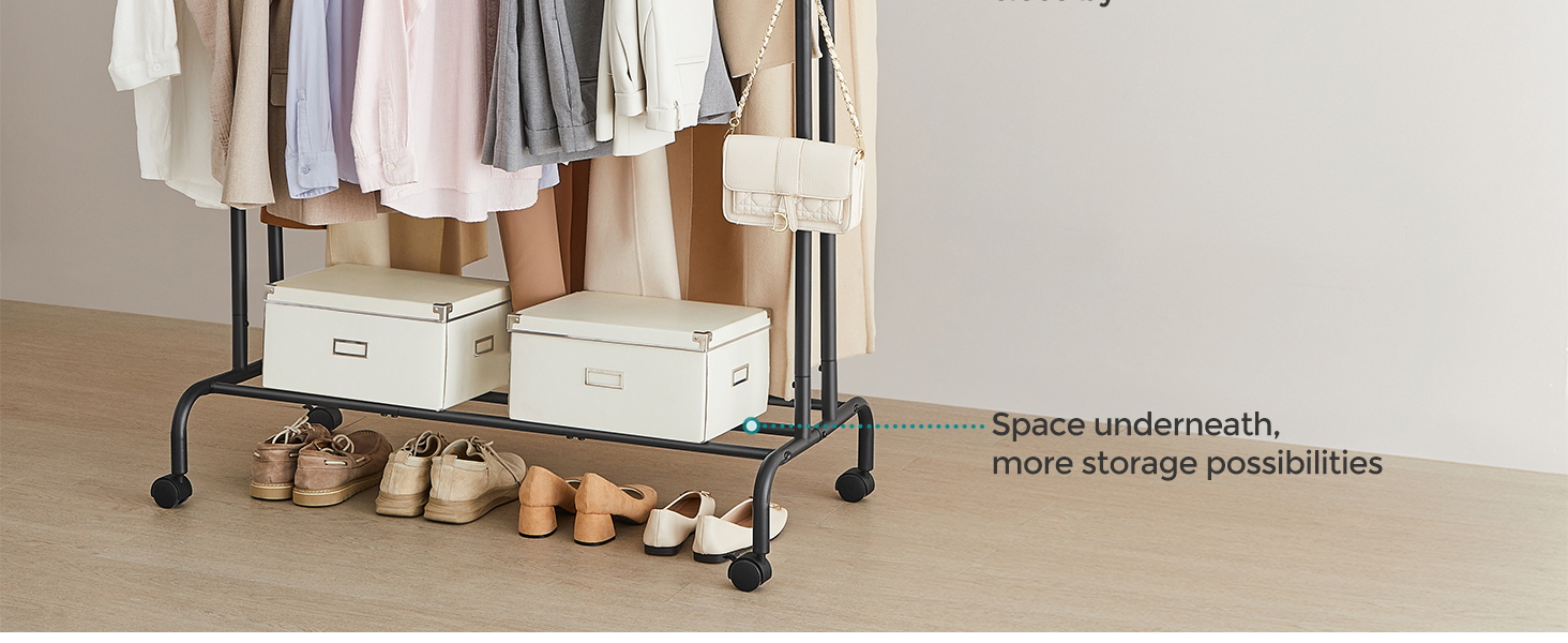 SONGMICS Ruhatartó állvány kerekeken, polccal, dupla rúddal, fém vázzal, teherbírás 100 kg, 53x104x155 cm, fekete - Image 9