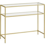 VASAGLE Bejárati asztal, 2 szinten, biztonsági üveglap, fém keret, 35x100x80cm, arany
