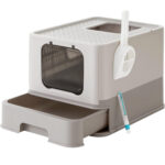 FEANDREA Macskaalom doboz tetővel, kihúzható tálcával, macskáknak 15 kg-ig, 54x43x38cm, szürke