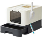 FEANDREA Macskaalom doboz fedővel, kihúzható tálcával, macskáknak 15 kg-ig, 54x43x38cm, fekete bézs