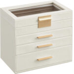 SONGMICS ékszerdoboz 4 szinttel, 3 fiókkal, üvegtetővel, 22x25x15cm, fehér és arany