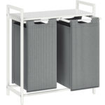 VASAGLE Szennyeskosár, 2 rekesszel, levehető ruhazsákokkal, polccal, fém vázzal, 2x46L, 73x33x72 cm, fehér és világosszürke