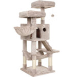 FEANDREA Ansamblu de joaca pentru pisici, tip copac, cu 3 culcusuri, hamac si ascunzatoare, 49x49x135cm, maro deschis