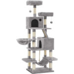 FEANDREA macskafa játszótorony, 3 fekvőhellyel, függőággyal és 2 búvóhellyel, 55x45x168 cm, világosszürke