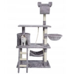Macskajátszó szett karcoló oszloppal, búvóhellyel, függőágy, ágy, 75x40x142cm, szürke