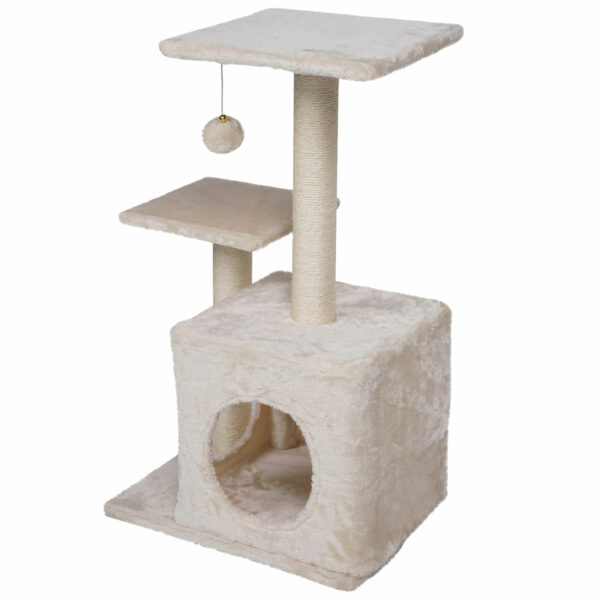 Ansamblu de joaca pentru pisici, cu loc pentru zgariat, ascunzatoare, minge, 41x33x73cm, bej