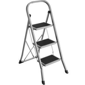 SONGMICS Scara pliabila cu 3 trepte, cauciuc antiderapant, sarcina 150 kg, otel, 47x75x105cm, gri si negru