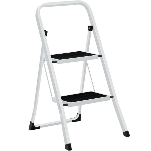 SONGMICS Összecsukható létra 2 lépcsővel, csúszásmentes gumi, teherbírás 150 kg, acél, 45x55x82cm, fehér és fekete